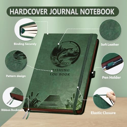 A5 Fishing Lake Landscape Leather Journal, 300 Pages Lined Notebook, Green Vintage Pattern Hardcover Notebook for Travel Diary, Business, Work and School Daily Writing - style: Fishing