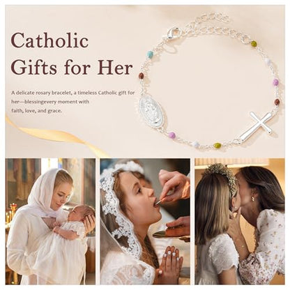 Catholic First Communion Confirmation Baptism Godmother Gifts — Virgin Mary Cross Rosary Beads Charm Bracelet, Christian Jewelry for Girls and Women - color: Gold, size: Godmother