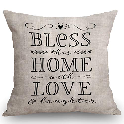 SSOIU Bless This Home with Love and Laughter Throw Pillow Case Quote Religious Sayings Pillow case Home Blessing Cushion Cover Cotton Linen 18 x 18 Inch - color: Ssp-015