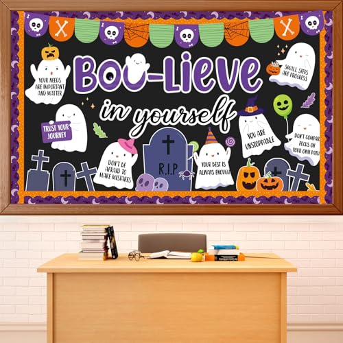 Halloween Ghost Bulletin Board Set Boo-Lieve in Yourself Affirmation Station Bulletin Board Classroom Decorations Cute Ghost Pumpkin Paper Cutouts for Halloween Party School Classroom Home Wall Decor - style: Ghost