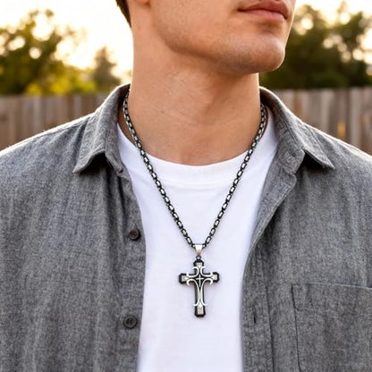MEALGUET Stainless Steel Crucifix Cross Pendant Necklace,Men's Cross Necklace with Chunky Byzantine Chain/Rolo Chain, Gift for Men - style: Black-byzantine chain
