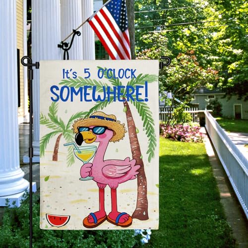 Hello Summer Garden Flag It's 5 O'Clock Somewhere Flamingo12x18in - color: Pink Summer