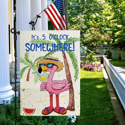 Hello Summer Garden Flag It's 5 O'Clock Somewhere Flamingo12x18in - color: Pink Summer