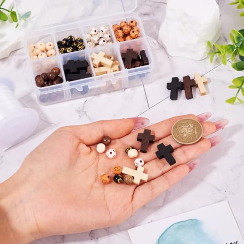 Beadthoven 211pcs/Box Rosary Making Kit, Wood Cross Beads 8mm Acrylic Cross Round Beads Spacers Easter Crucifix Cross Charms for Bracelet Jewelry Making Kit DIY Crafts