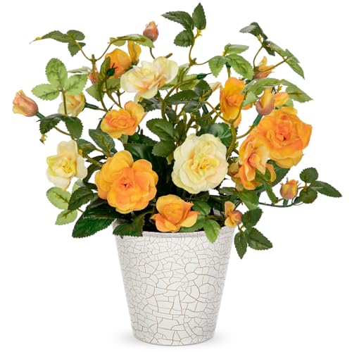 Hollyone Artificial Plants & Flowers in Vase Yellow Camellia Roses Small Faux Flower Plant Arrangement with Pot Fake Rose Flowers Home Decor Office Bathroom Shelf Desk Table Decoration - color: Yellow, size: Small