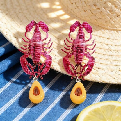 Creative Exaggerated Ocean Animal Drop Dangle Earrings for Women, Bohemia Style Alloy Lobster Octopus Fish Crab Earrings for Summer Beach Holiday Party Jewelry Gifts - style: Pink Lobster Earrings-E
