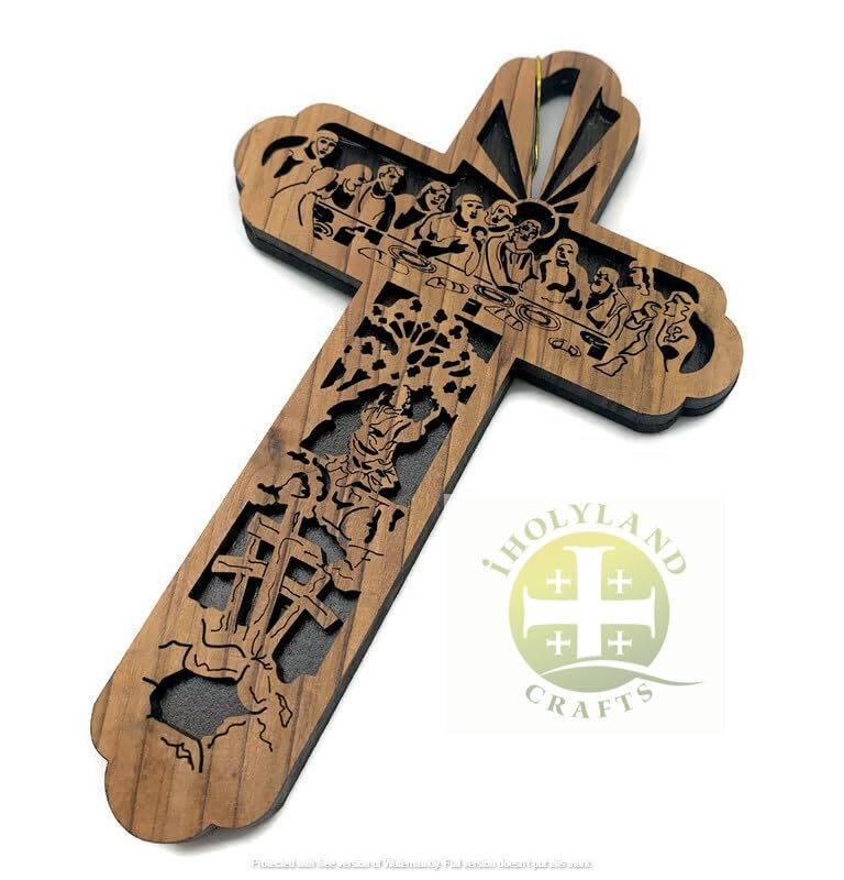 Last Supper Cross for Wall, Set of 3 Olive Wood Holy Land Cross from Bethlehem, Wooden Cross Wall Decor, Christmas Tree Ornament, Religious Gifts for Home, 6.25" x 4.1" - style: 3 Crosses