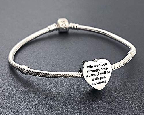 Heart Charm Fit Pandora Charms Bracelet Christian Bible Verse Charm Prayer Faith Religious Charms Gifts for Women - style: When you go through deep waters, I will be with you Isaiah 43:2