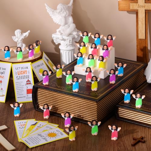 CroBlissful 30 Sets Mini Jesus Figurines Bulk Christian Glow in The Dark with Let Your Light Shine Cards for Christian Sunday School Religious Party Favor Halloween(Raise Your Hands) - style: Raise Your Hands