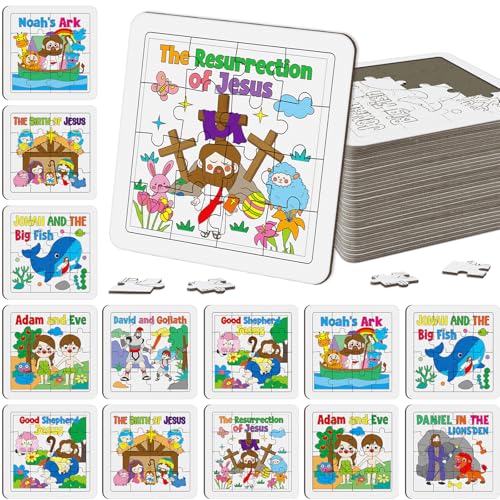 Cinrobiye 24 PCS Bible Story Jigsaw Puzzle Craft Kit, Christian Bible Activity Puzzles for Sunday School, Church Activities, Bible Study, Religious Education and Group Activities - color: Religious