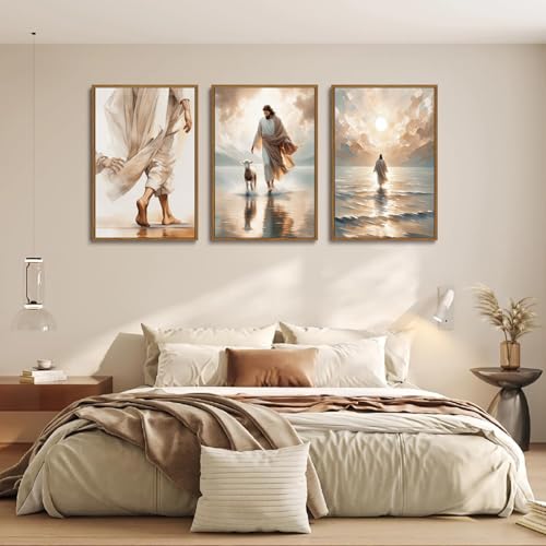 Jesus Walking on Water Framed Wall Art Set of 3 16x24 - color: Jesus-2, size: 16x24in