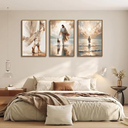 Jesus Walking on Water Framed Wall Art Set of 3 16x24 - color: Jesus-2, size: 16x24in