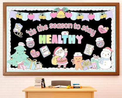 Christmas Health Bulletin Board Decorations Set Xmas Pastel Healthy Habits Poster Christmas Tree Snowman Santa Cutouts for Classroom School Home Chalkboard Wall Winter Holiday Party Decor Supplies - style: Health