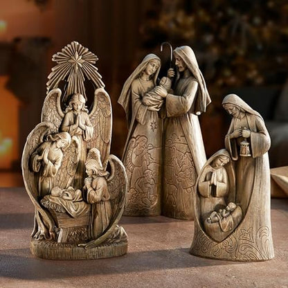 Avalon Gallery Christmas Figurines - Carved Wood Look Joseph Mary and Jesus Tabletop Nativity Figurine, 10-Inch, Holy Family