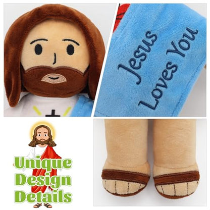 13" Jesus Loves You Plush Toy, Heart of Jesus Plushie Savior Stuffed Doll - color: Blue With Text
