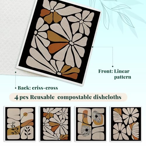 Swedish Dishcloths for Kitchen, Boho Floral Botanical Swedish DishCloths, Papaya Reusable Paper Towels Washable, 4 Pcs Dish Towels for Kitchen Party Home Housewarming Cleaning Cloths - color: Flower 12
