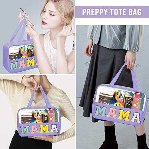 Chenille Letter Clear Makeup Bags Mama Tote, Preppy Patch Makeup Bag Zipper with Handle, Waterproof PVC & Nylon Portable Glitter Large Cosmetic Travel Toiletry Storage Bag for Women Girls(MAMA-Purple) - color: MAMA-Purple