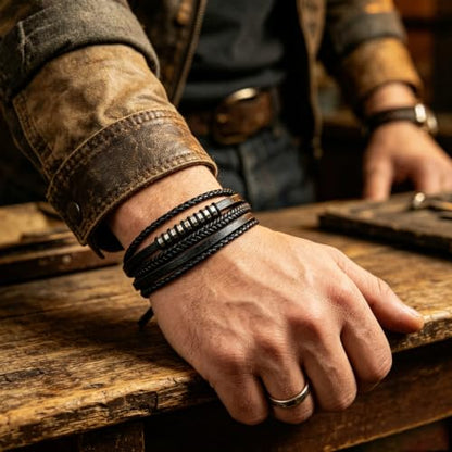 Kim Carrey Italian Handmade Leather Bracelets for Men - color: Thin Black, size: 8.2"