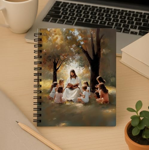 bitCNY Christian Notebook 5.5x8.3 Inches – Jesus with Children Illustrated Faith Journal, Religious Spiral Notebook for Bible Study or Gifts - color: white-Jesus with Children