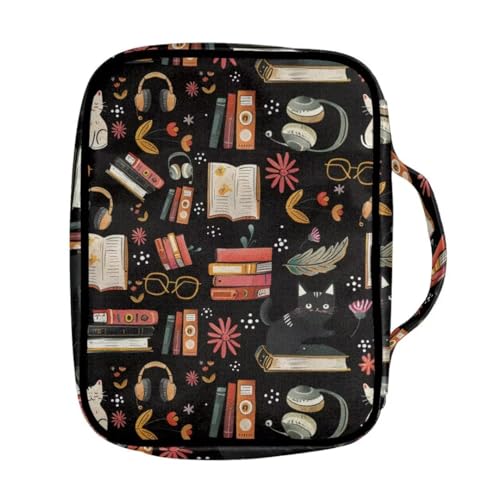 Coldinair Cat with Book Bible Cover Case for Men Teen,Women Bible Bags Book Covers Kids Scripture Carrying Case with Handle and Pocket - color: Cat With Book