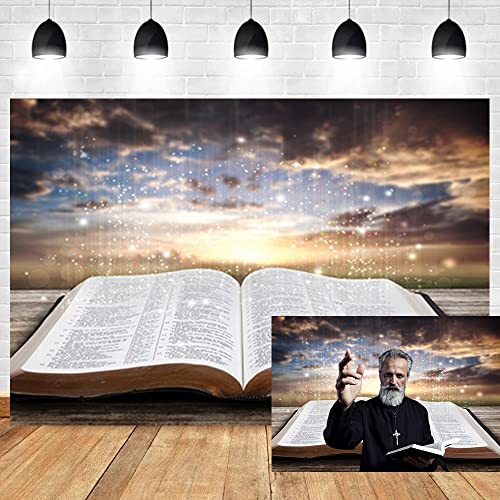 5x4ft Jesus Christ Backdrop Light of Wisdom Emit from The Opened Holy Bible Book Bokeh Sunset Glitter Glow Photography Background Christian Church Sanctuary Banner Decor Vinyl Studio Prop - size: 5x4ft
