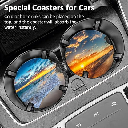 Sunrise on Tropical Beach Car Coaster for Cup Holders,Sunset Over Beach Palm Tree Car Cup Holder Coaster Ceramic Car Drink Coasters for Most Car Set of 2 Absorbent Auto Cup Holder 2.56" - color: Sunset Over Beach Palm Tree