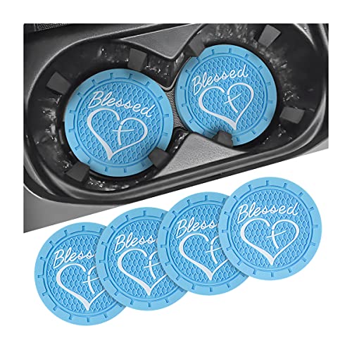 AICEL 4 Pack Car Cup Coasters, 2.75 Inch Soft PVC Car Cup Holder Insert Coaster, Blessed Cross and Heart Christian Anti Slip Shockproof Drink Mat, Universal Vehicle Interior Accessories (Sky Blue) - color: Sky Blue