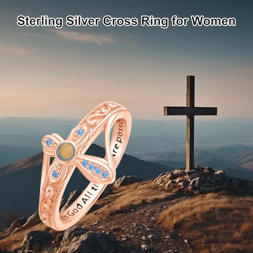 AOBOCO Cross Ring with Mustard Seed 925 Sterling Silver With God All Things Are Possible Band Rings, Size 4-13 - color: Silver Plated with Rose Gold