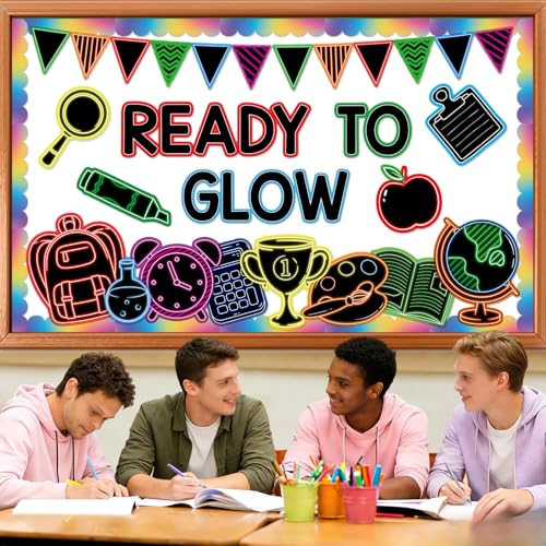 Welcome Back to School Bulletin Board Decorations Ready to Glow Inspirational Classroom Bulletin Board Neon Style Paper Cutouts for First Day of School Office Home Teacher Classroom Wall Supplies - style: Classroom Neon Style