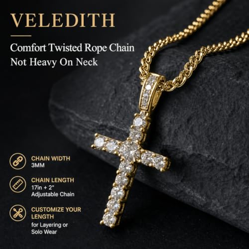 925 Sterling Silver Cross Necklaces for Mens Women CZ Beveled Edge - color: Cubic Zirconia Gold Cross
