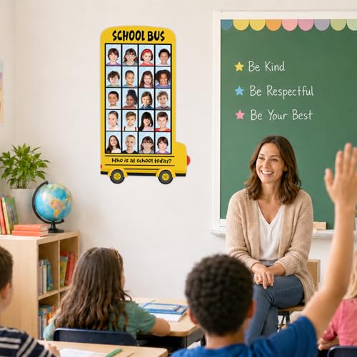 25×14In Yellow Bus Classroom Attendance Chart Who is at School Today DIY Photo Display Board Classroom Management Teacher Tools Back to School Bulletin Board Decor for Preschool Kindergarten Daycare
