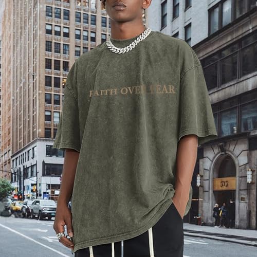 Christian Faith Over Fear Shirt for Men Jesus Religious Shirts Oversized Graphic Tees Acid Wash God T-Shirt - color: Army Green, size: X-Large