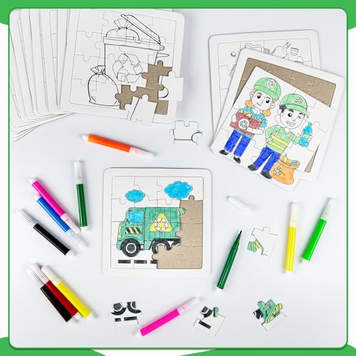 Cinrobiye 24PCS Garbage Truck Coloring Jigsaw Craft Kit for Kids, DIY Recycling Vehicle Activity Set Bulk with 12 Designs, Trash Day Birthday Party Favors, Classroom Learning Projects - color: Garbage