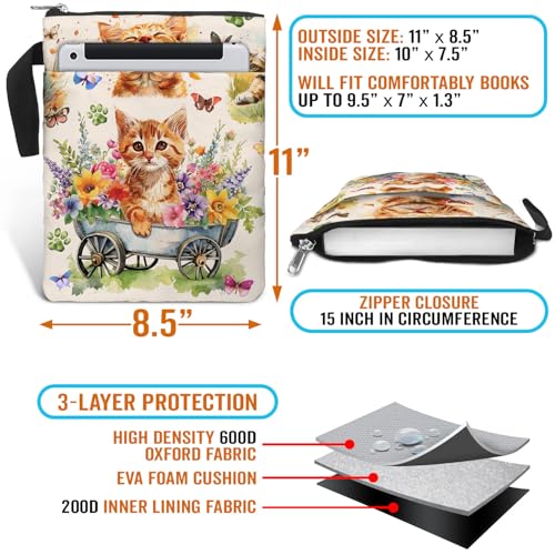 Book Sleeve Gift for Book Lovers. Cover With Zipper and Front Pocket. Washable Fabric 11 X 8.5 Inch Padded Bag. Cat Flower Garden. - color: 4. Cat Flower Garden