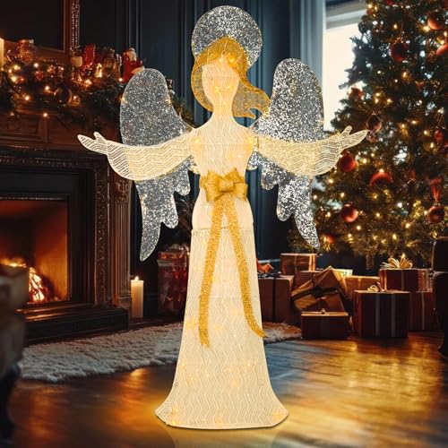 4 FT Lighted Christmas Angel, 3D Pre‑Lit Outdoor Yard Decor - size: 48''*33.5''