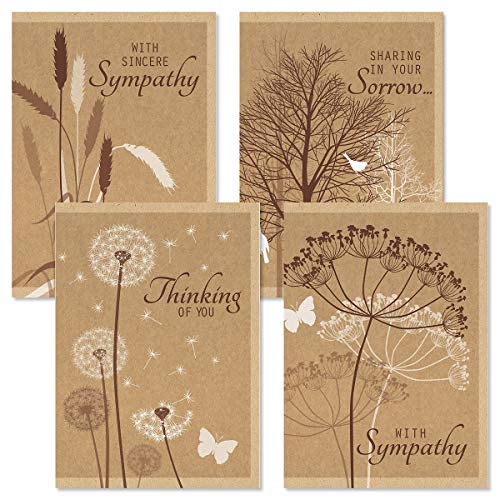 Current Kraft Sympathy Cards with Envelopes- Set of 8 Assortment (4 Designs), Large 5" x 7", Condolences Cards, Sentiments Inside, White Envelopes - color: Kraft