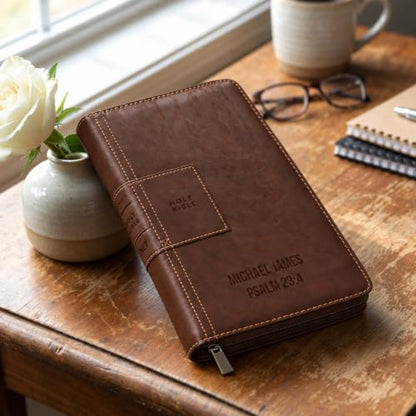 Printualist Personalized NLT Zippered Thinline Reference Bible, Engraved Name and Scripture, Red Letter New Living Translation Text, Faux Leather Gift for Travel and Church, Atlas Rustic Brown - color: Atlas Rustic Brown