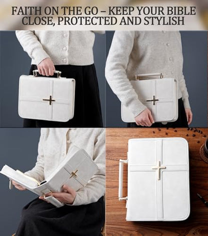 Vegan Leather Bible Cover Case, Bible Bag for Men Women, Gift Box Packaging - color: White