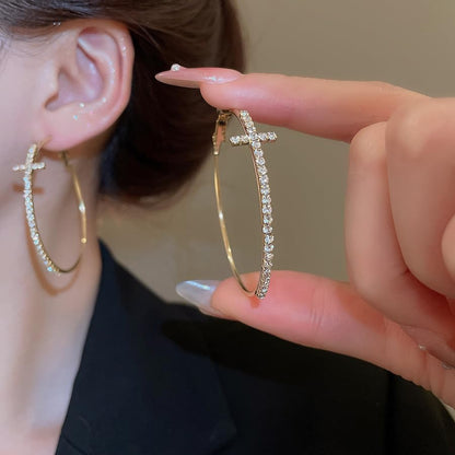 Cross Hoop Earrings for Women Trendy Large Cross Rhinestone Sparkly Hoop Earings Prom Wedding Party Formal Jewelry - color: gold E3