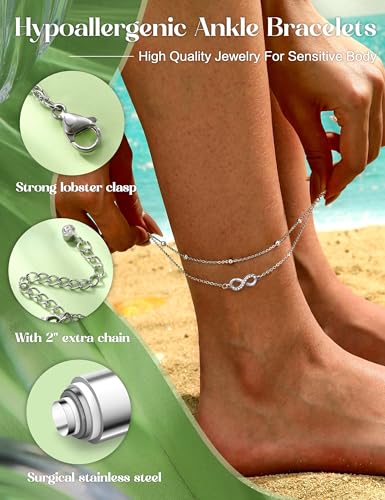 FIBO STEEL Silver Plated Ankle Bracelets Stainless Steel Anklets for Women - style: Infinity