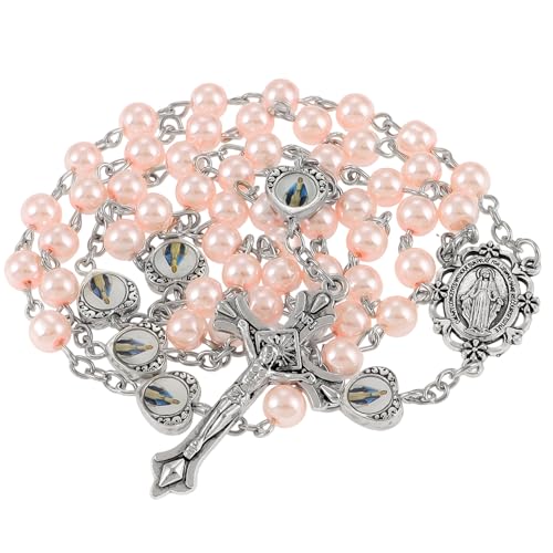 Rosary Beads Catholic, Rosary Necklace with Leather Pouch with Magnetic Top Bag for Men and Women Christian Gifts - color: Pink