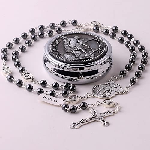 HanlinCC Catholic Rosary Saint Michael Hematite Bead Necklace with Gift Box