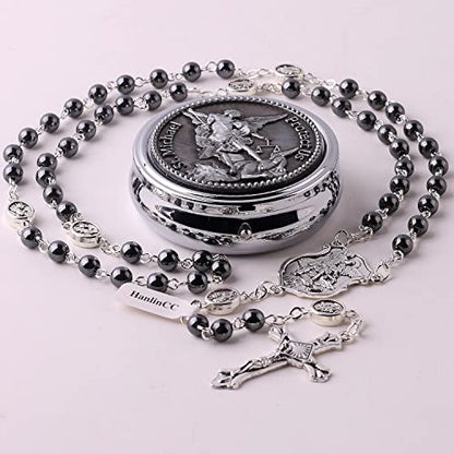 HanlinCC Catholic Rosary Saint Michael Hematite Bead Necklace with Gift Box