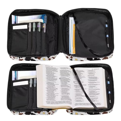 Coldinair Daisy Bible Cover for Women,Canvas Carrying Book Case Brown Cow Print Church Bag Bible Holder with Handle and Zippered Pocket - color: Daisy Brown Cow Print