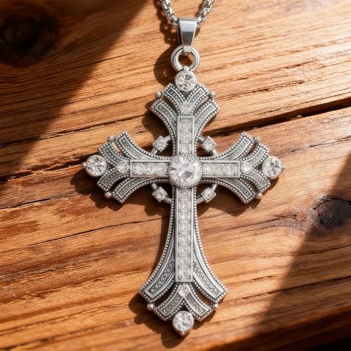 Gold Large Cross Necklace For Women Men Long Zircon Chunky Cross Necklace Retro Gothic Y2K Style Jewelry Statement Surprising Hallowmas Christmas Party Ball Jewelry Accessories Gift - color: silver