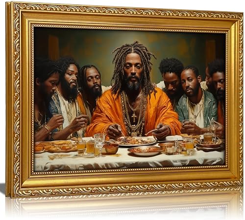 Vintage Gold Framed Black Jesus Canvas Wall Art Modern African American The Last Supper Painting Picture Wall Decor Black Man Christian Poster Print Artwork for Kitchen Dining Living Room Decoration - color: Gold Framed, size: 24L"x16W"