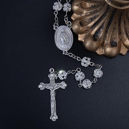 Nazareth Store Colorful Zirconia Crystal Beads Rosary Silver Catholic Necklace with Miraculous Medal Cross Crucifix Multicolor Rosaries in Velvet Bag - color: Clear