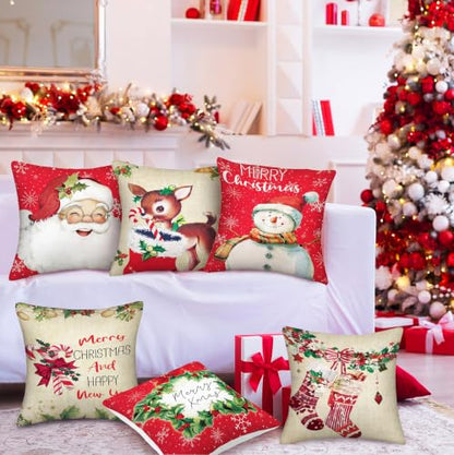 FuWeave 6 Set Vintage Christmas Pillow Cover 18 x 18 Inch Santa Pillow Case - style: Vintage