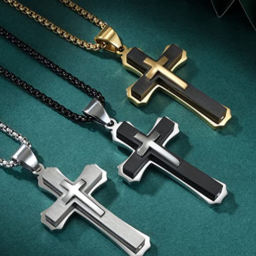 Large Cross Necklace for Men, Stailess Steel Silver Black Gold Cross Triple Layer Big Cross Pendant Unisex Faith Jewelry Gift for Prayer 28 Inches Box Chain - color: Silver silver