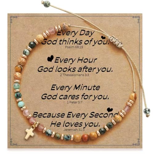 Christian Gifts for Women, Cross Bracelet, Natural Stone Beaded Jewelry - color: Brown